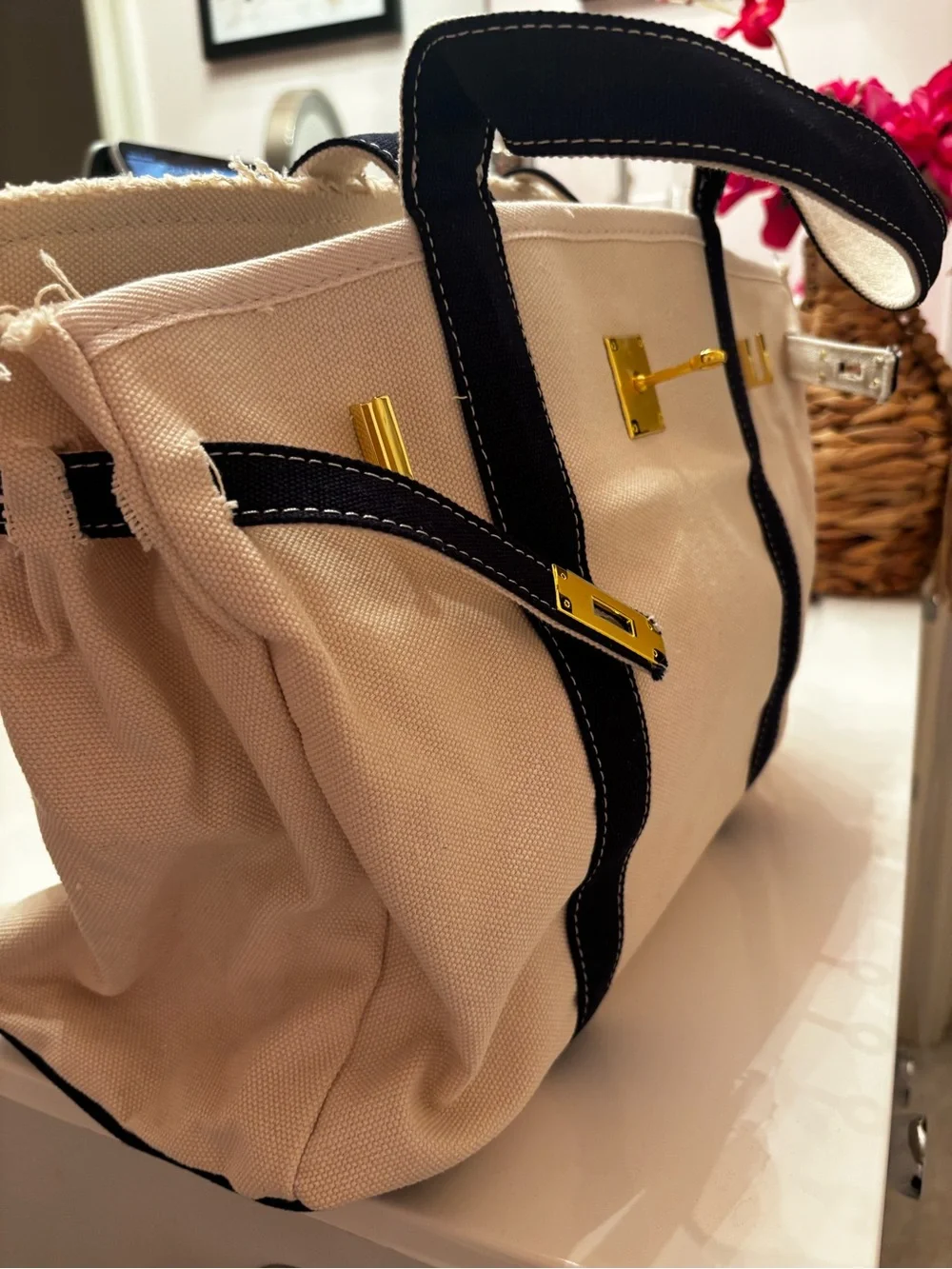 Canvas Tote with Navy Trim and Gold Hardware NWOT